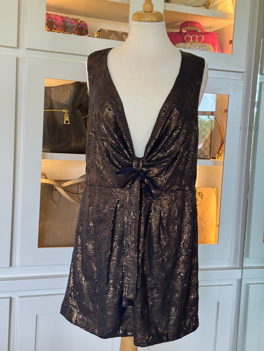 Free People Black Sequined Deep V Tie Front Mini Dress
